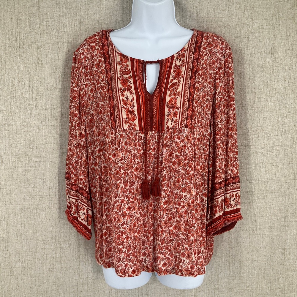 Garnet Hill Top Womens 8 Red Floral Boho Tassel Cottagecore Peasant Earthy‎ Airy